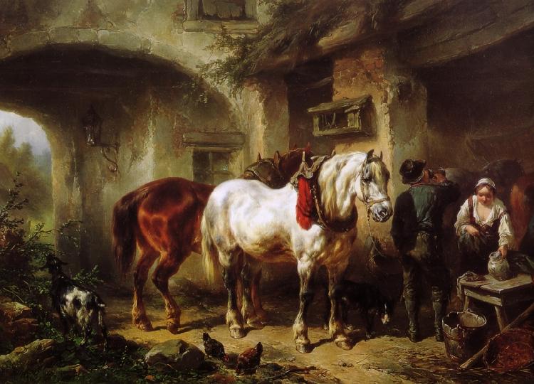  Paarden en personen op een binnenplaats
